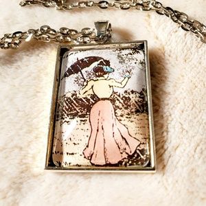 Handmade Victorian Lady Caught in Rain Umbrella Necklace